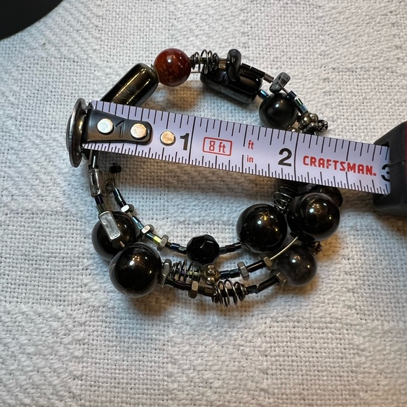 Black Agate Stretch ~Artisan Spring Wrap Bracelet with Metal Charm Accents - Picture 6 of 6